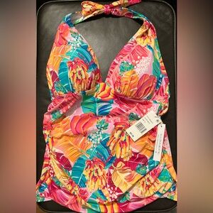 NWT Bleu Rod Beattie Halter Tankini Tropical Print Swim Top Size 12